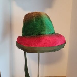 Leslie James Vintage Hat, Red, Green, & Brown Faux Fur, 60s Mod